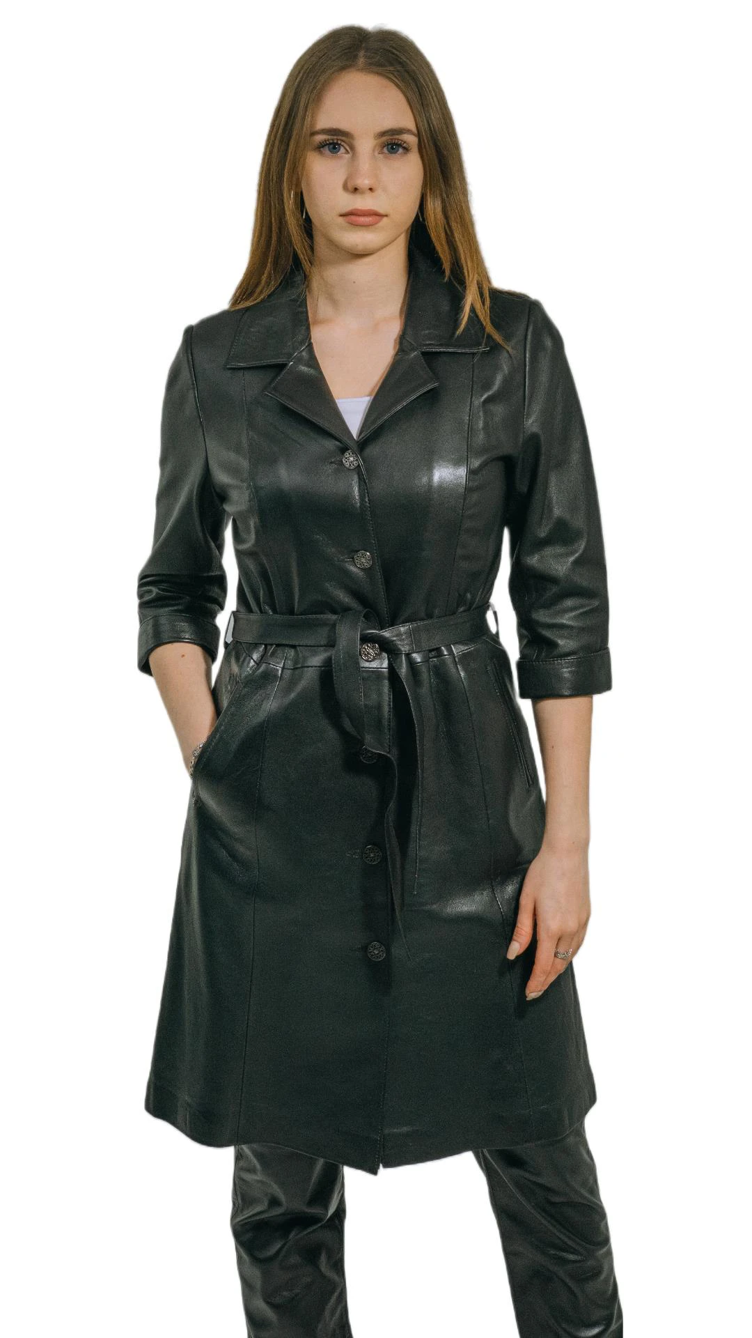 Buttoned Black Genuine Leather Dress Half Sleeve Trench Coat Diana